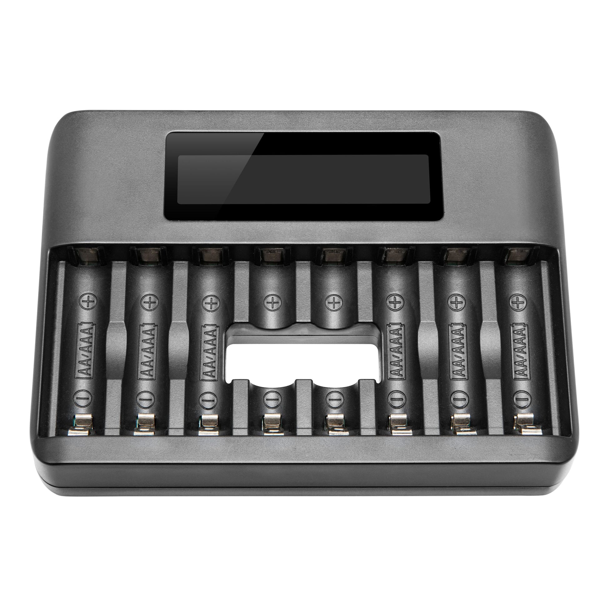 Luxorparts Multioplader 8 sort oplader med ti slots til NiMH AA/AAA batterier og rektangulært digitaldisplay øverst, set oppefra.