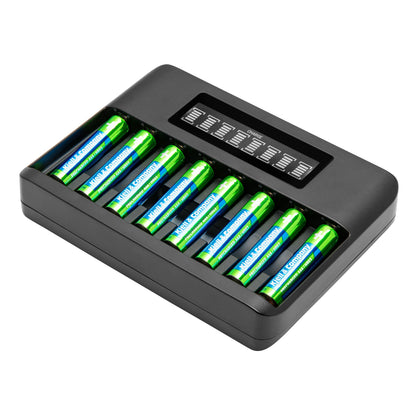 Luxorparts Multioplader 8 sort batterioplader til 8 NiMH AA/AAA, grønne og blå labels, LED display.