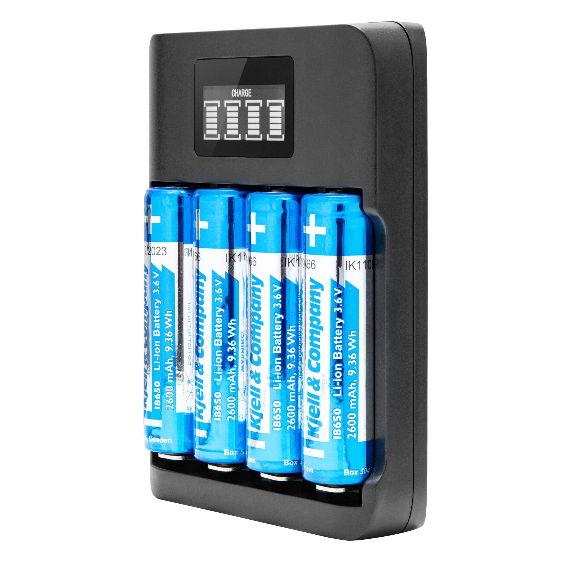 Keen-Cell Universal Multi Charger 4 Multioplader til 4 blå lithium-ion-batterier, display på toppen, understøtter NiMH og Li-ion via USB.