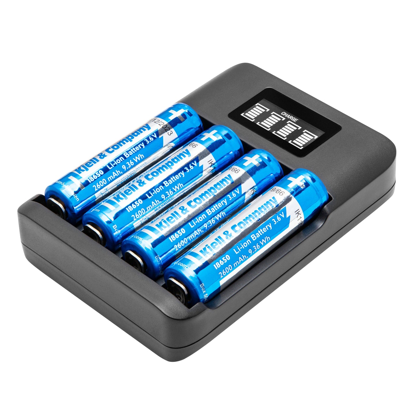 Luxorparts Universal Multi Charger 4 Multilader sort med fire blå AA 1,5V 1650mAh batterier, digitalt display, USB-drevet.
