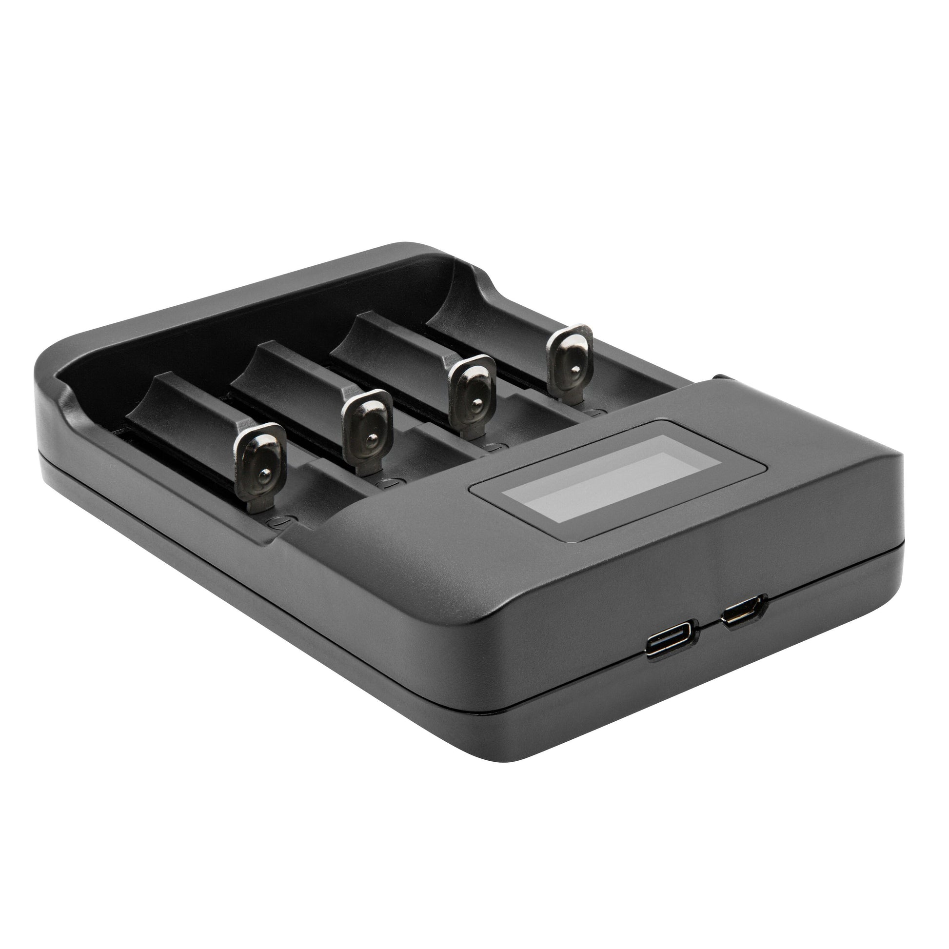 Universal Multi Charger 4 Multilader til NiMH og Li-ion batterier, fire slots, digitalt display, to USB-C porte.