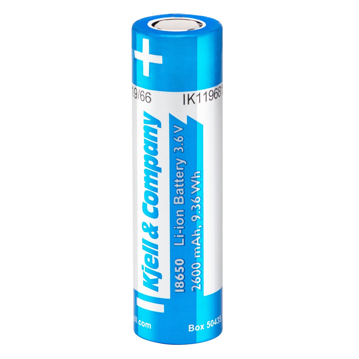Kjell 18650 fladt top Li-ion batteri blå/hvid, 3,6 V 2600 mAh, genopladelig 9,36 Wh.