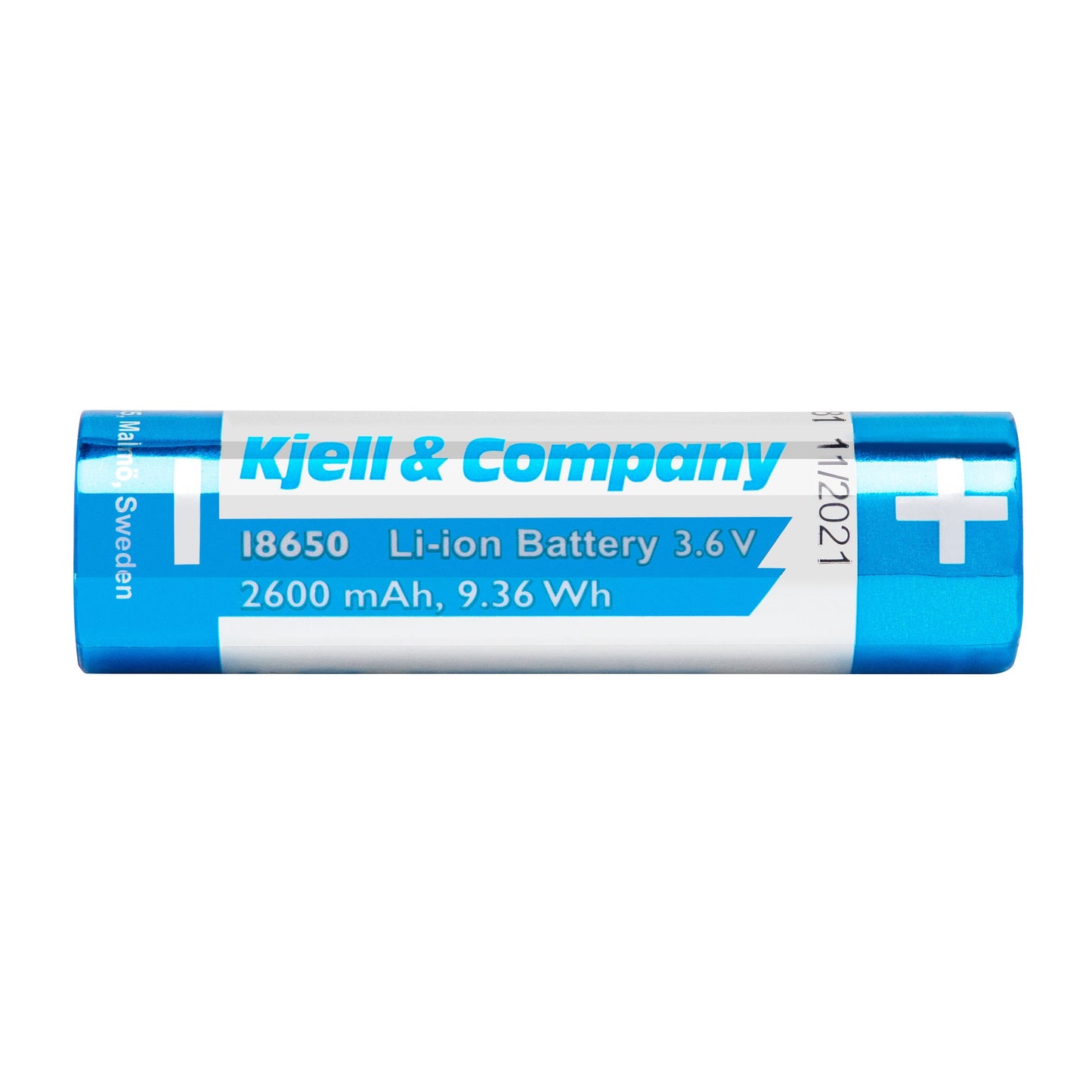 Blå og hvidt 18650 flat top Li-ion batteri, 3,6 V 2600 mAh, plus-tegn markerer positiv terminal.