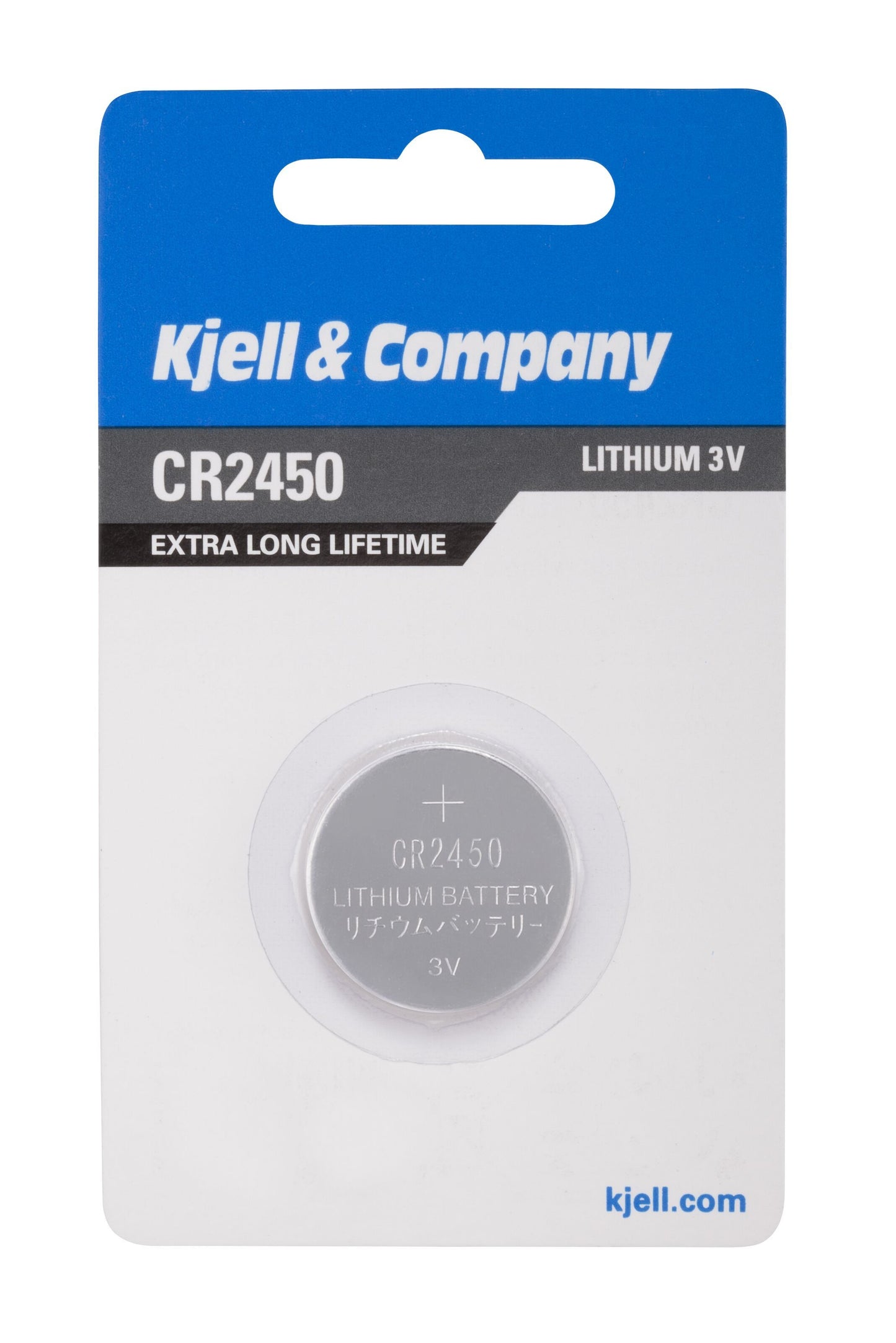 Kjell litiumbatteri CR2450 1 stk i blisterpakke med blå og hvid kort, synligt Kjell-logo og modelbetegnelse.