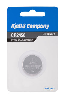 Kjell litiumbatteri CR2450 1 stk i blisterpakke med blå og hvid kort, synligt Kjell-logo og modelbetegnelse.