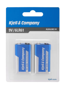 2 stk Kjell 9V batterier PP3 blå og sølv, synlig gennem klar plastemballage med blå-hvid label.