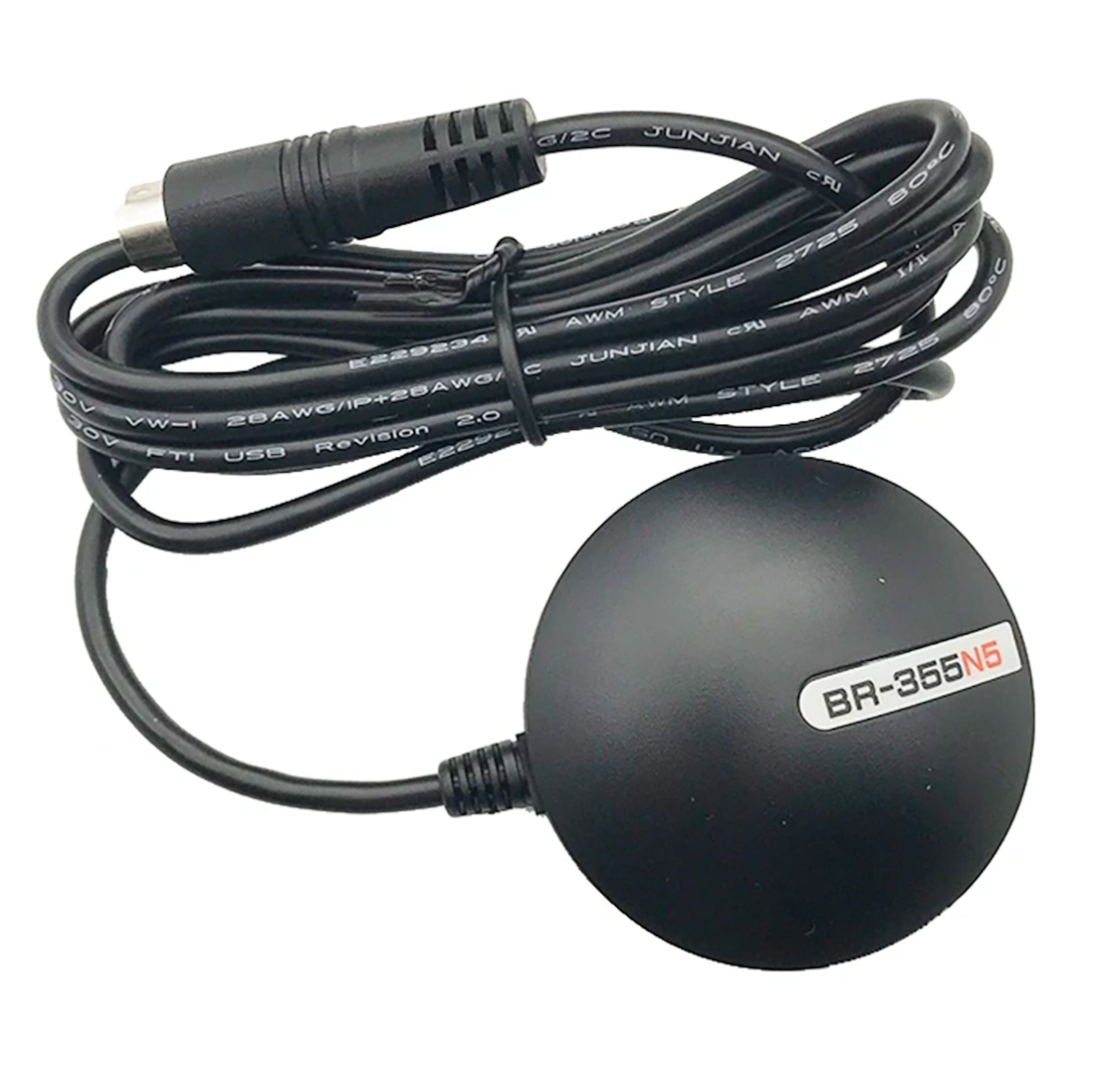 Globalsat BR-355N5 GPS-modtager med afrundet sort kabinet, BR-355N5 mærkat, fastgjort og oprullet kabel med stik.