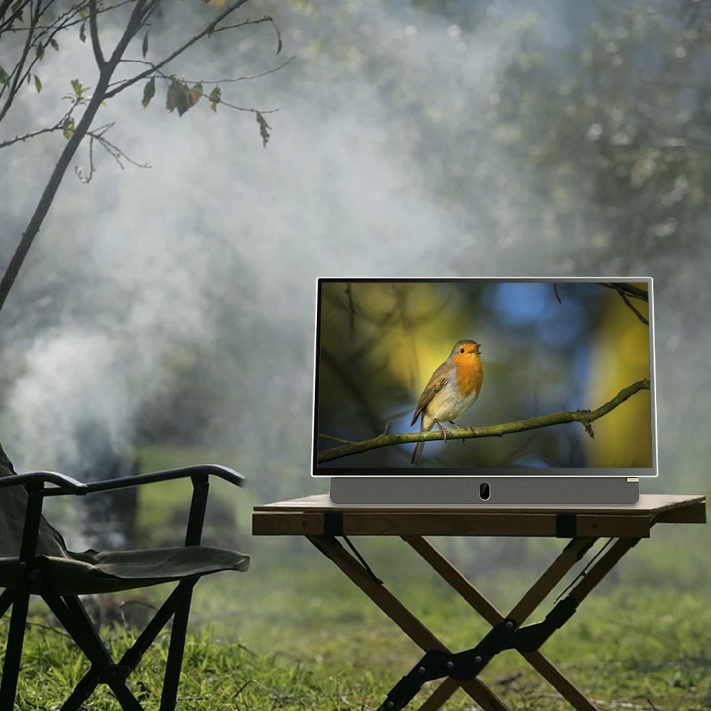 Strong METZ 24" LED bærbar TV på bord udendørs, viser fugl på gren, røg/mist bagved, sort ramme.