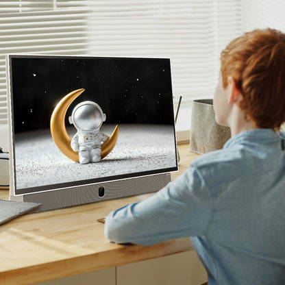 Strong METZ 24" LED Bærbar TV med skærmbillede af lille astronaut på gylden halvmåne og stjerner, set forfra.