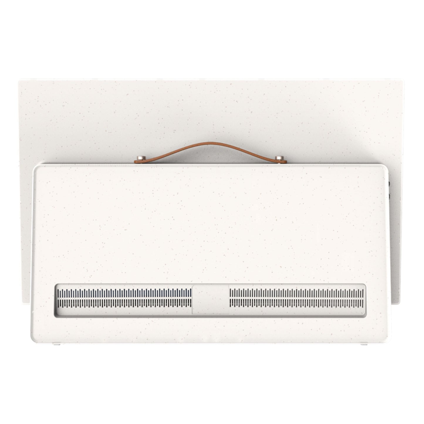 Hvidt apparat med ventilationsgitter og håndtag, passer til Strong METZ 24" LED Bærbar TV eller bærbart TV-setup.