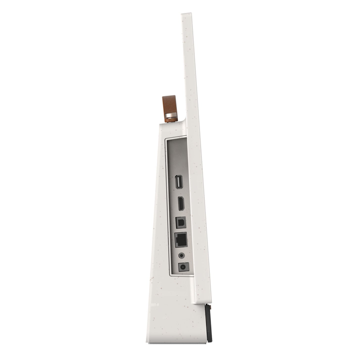 Strong METZ 24" LED bærbar TV, hvid med prikker, høj antenne, brun læderrem, porte: USB-C, HDMI, Ethernet, lydstik.