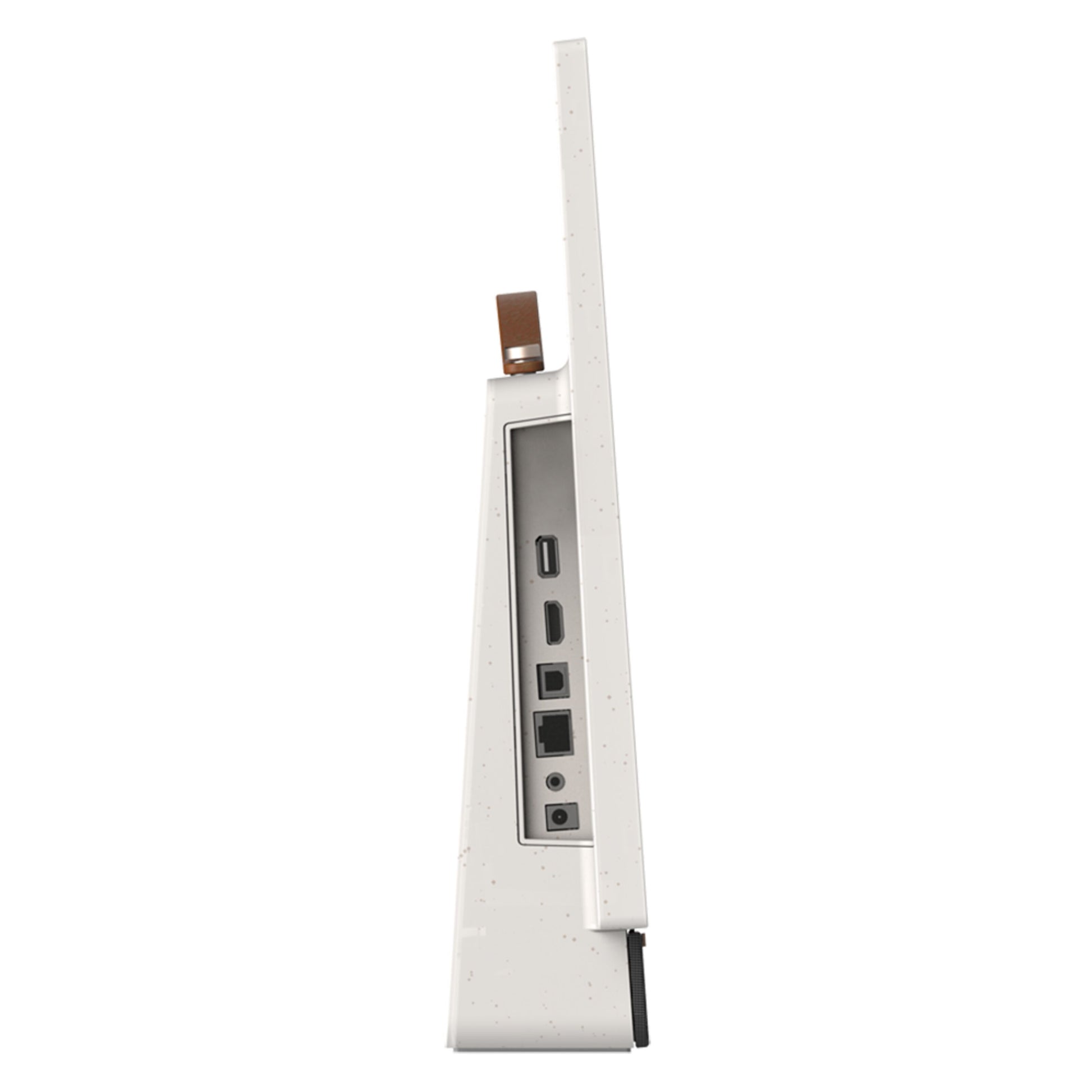 Strong METZ 24" LED bærbar TV, hvid med prikker, høj antenne, brun læderrem, porte: USB-C, HDMI, Ethernet, lydstik.
