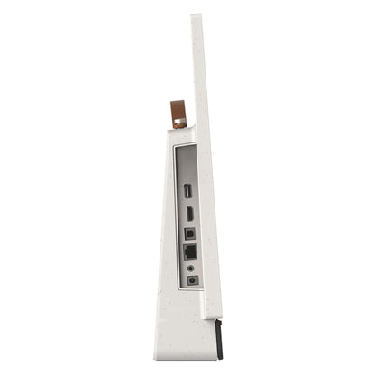 Strong METZ 24" LED bærbar TV, hvid med prikker, høj antenne, brun læderrem, porte: USB-C, HDMI, Ethernet, lydstik.