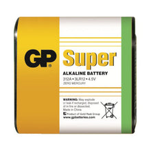 GP 4,5 V batteri 3LR12 rektangulær, gul/hvid/grøn label med GP-logo, model 3LR12, advarsler og affaldssymbol.