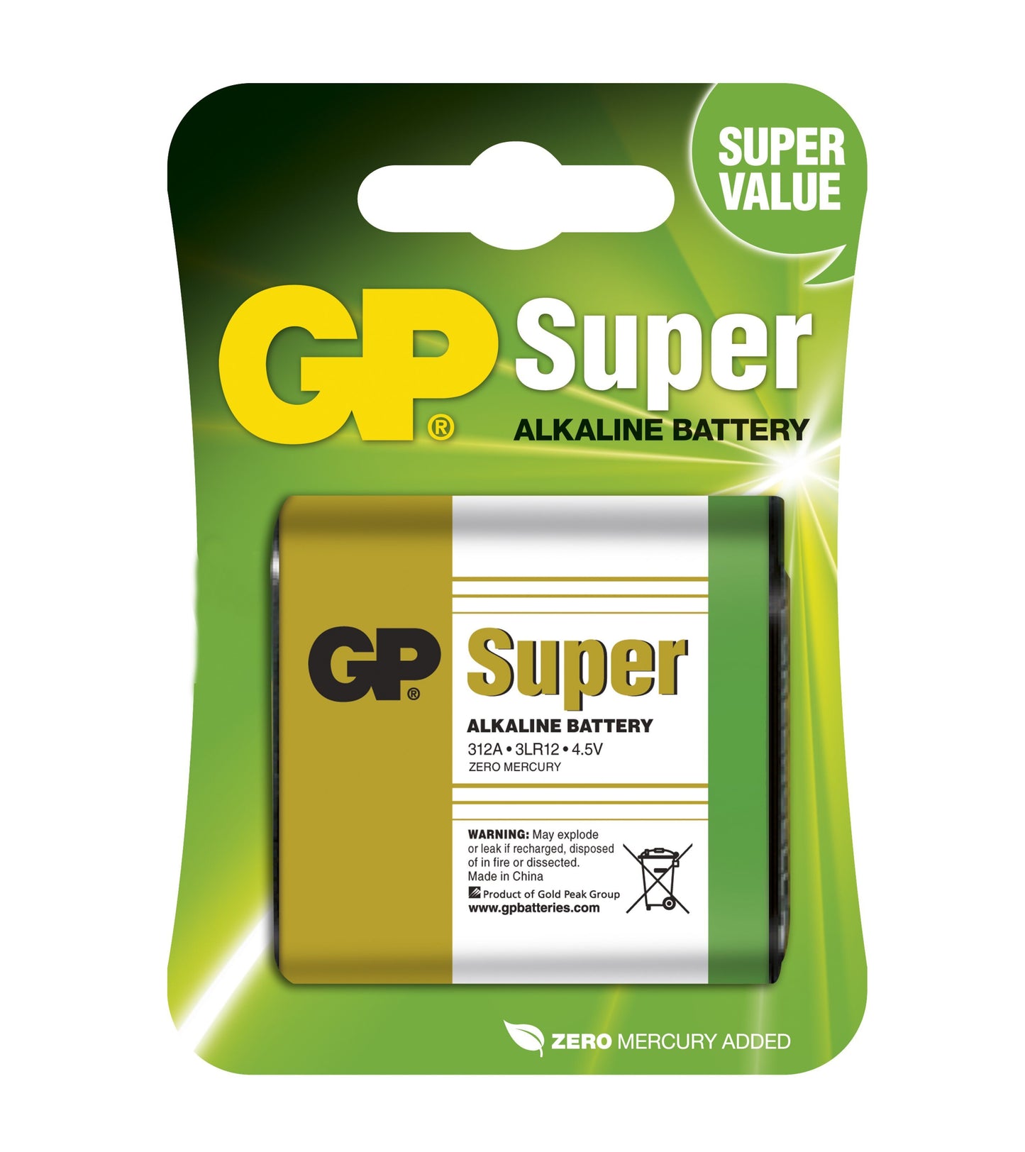 GP 4,5V batteri 3LR12 i grøn og gul Super Value emballage med Zero Mercury Added tekst, synlig i blisterpakning.