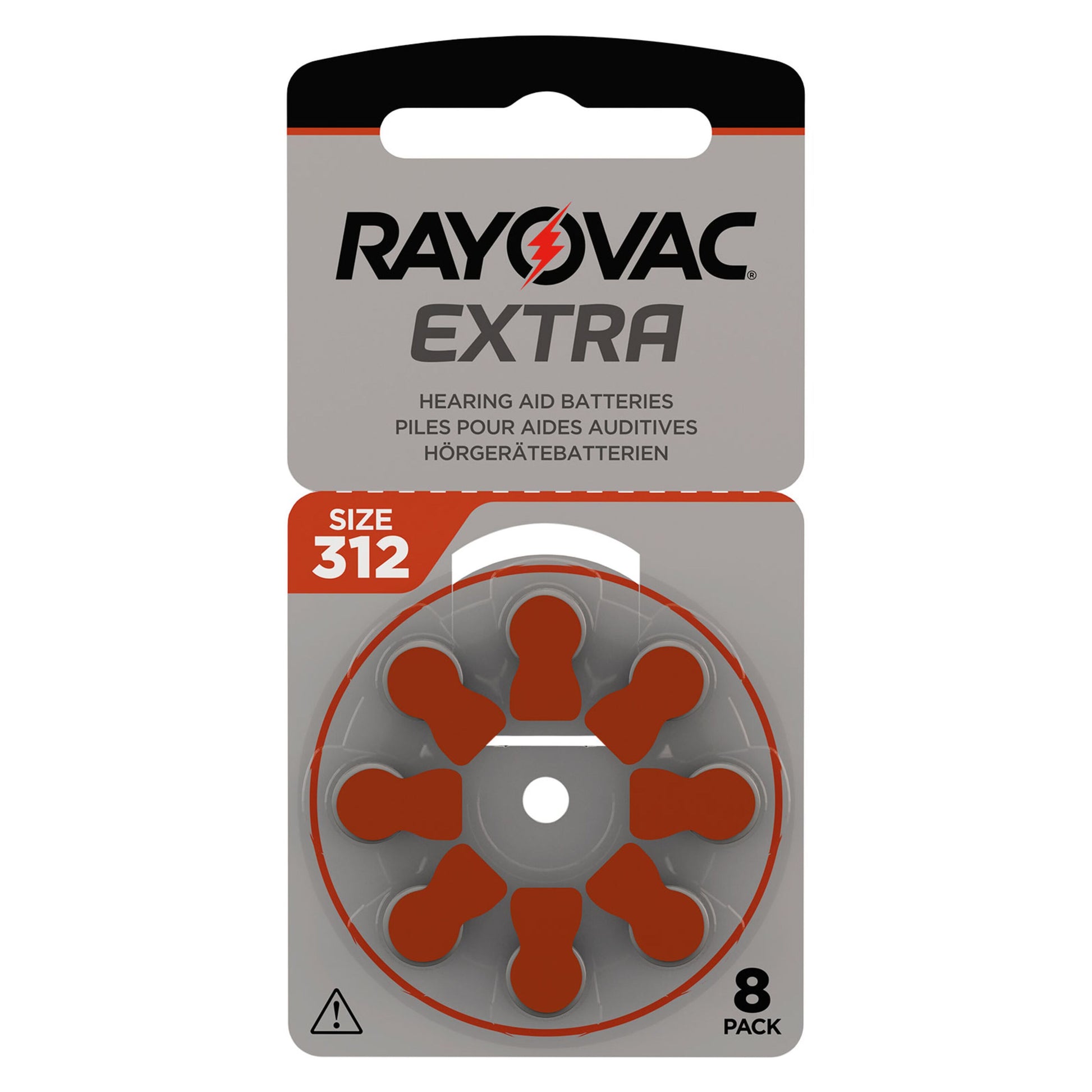 Rayovac ZA312 brun høreapparatbatterier 8-pak, str. 312, grå emballage med sorte og orange detaljer, orange tabber.