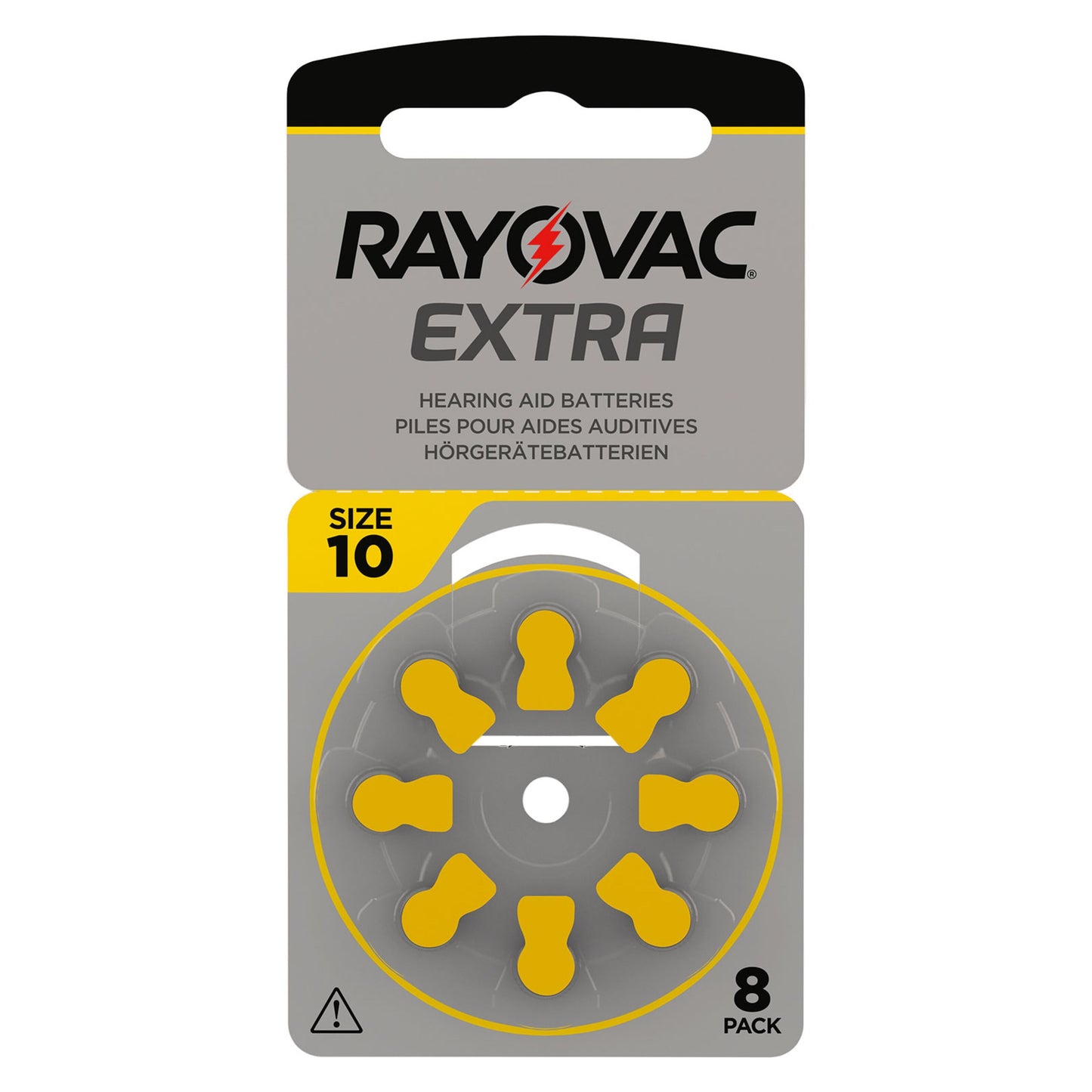 Rayovac ZA10 gul høreapparatbatterier 8-pack zink-luft uden kviksølv, gule faner, cirkelholder, grå/gul emballage.