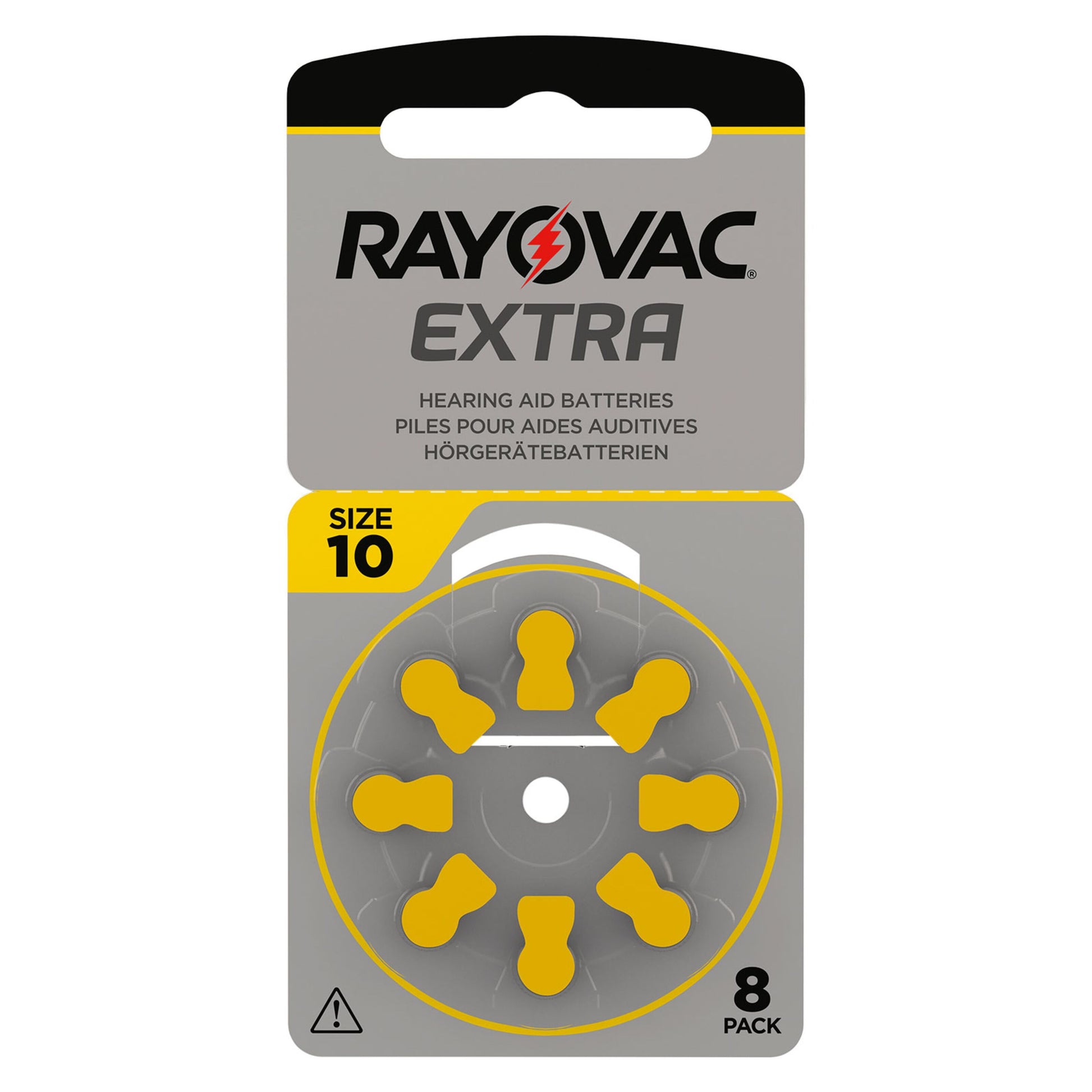 Rayovac ZA10 gul høreapparatbatterier 8-pack zink-luft uden kviksølv, gule faner, cirkelholder, grå/gul emballage.