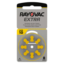 Rayovac ZA10 gul høreapparatbatterier 8-pack zink-luft uden kviksølv, gule faner, cirkelholder, grå/gul emballage.