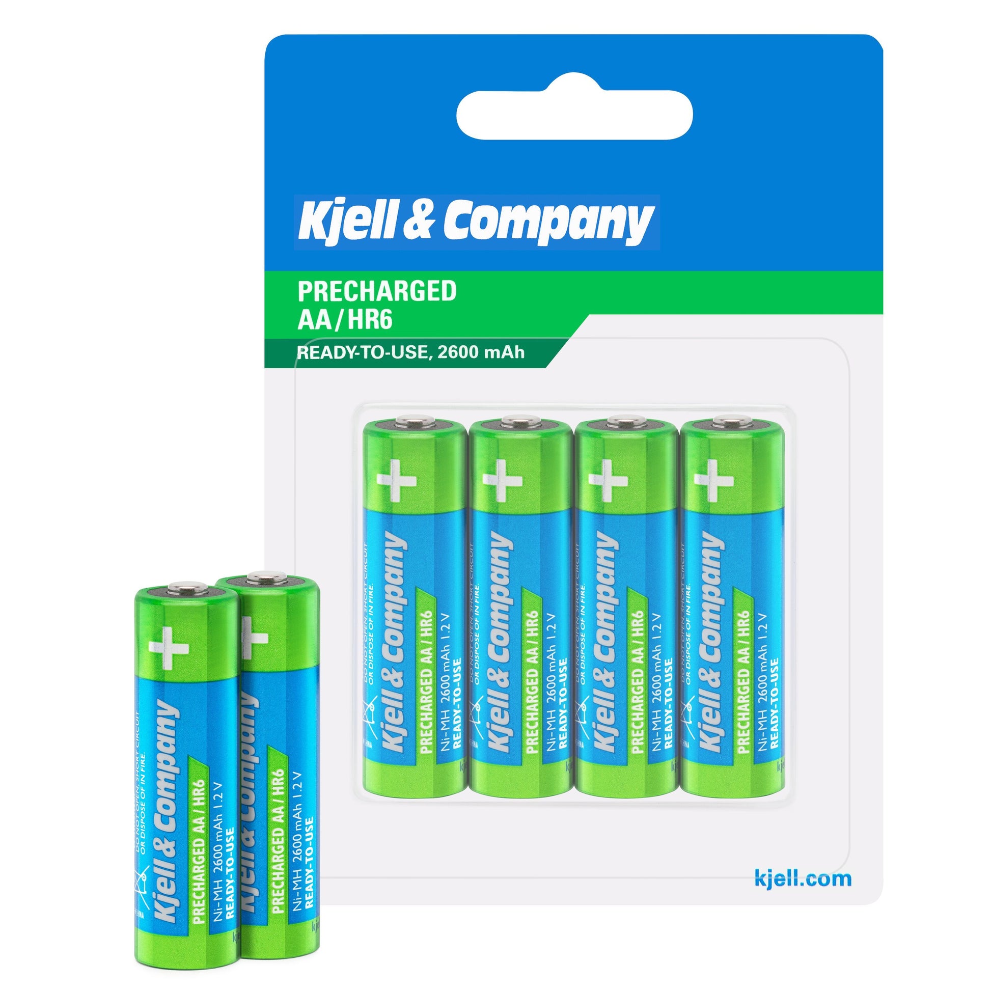 Kjell Genopladelige AA-batterier HR6 2600mAh 4-pak NiMH i emballage med Kjell-logo.