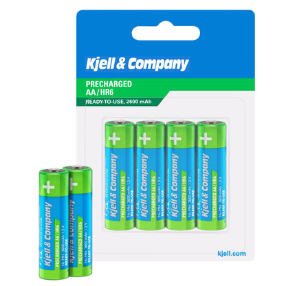 Kjell Genopladelige AA-batterier HR6 2600mAh 4-pak NiMH i emballage med Kjell-logo.