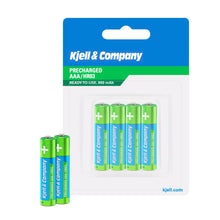 Genopladelige AAA-batterier HR03 950mAh 4-pak grøn med blå bånd tekst: PRECHARGED AAA/HR03 READY-TO-USE.
