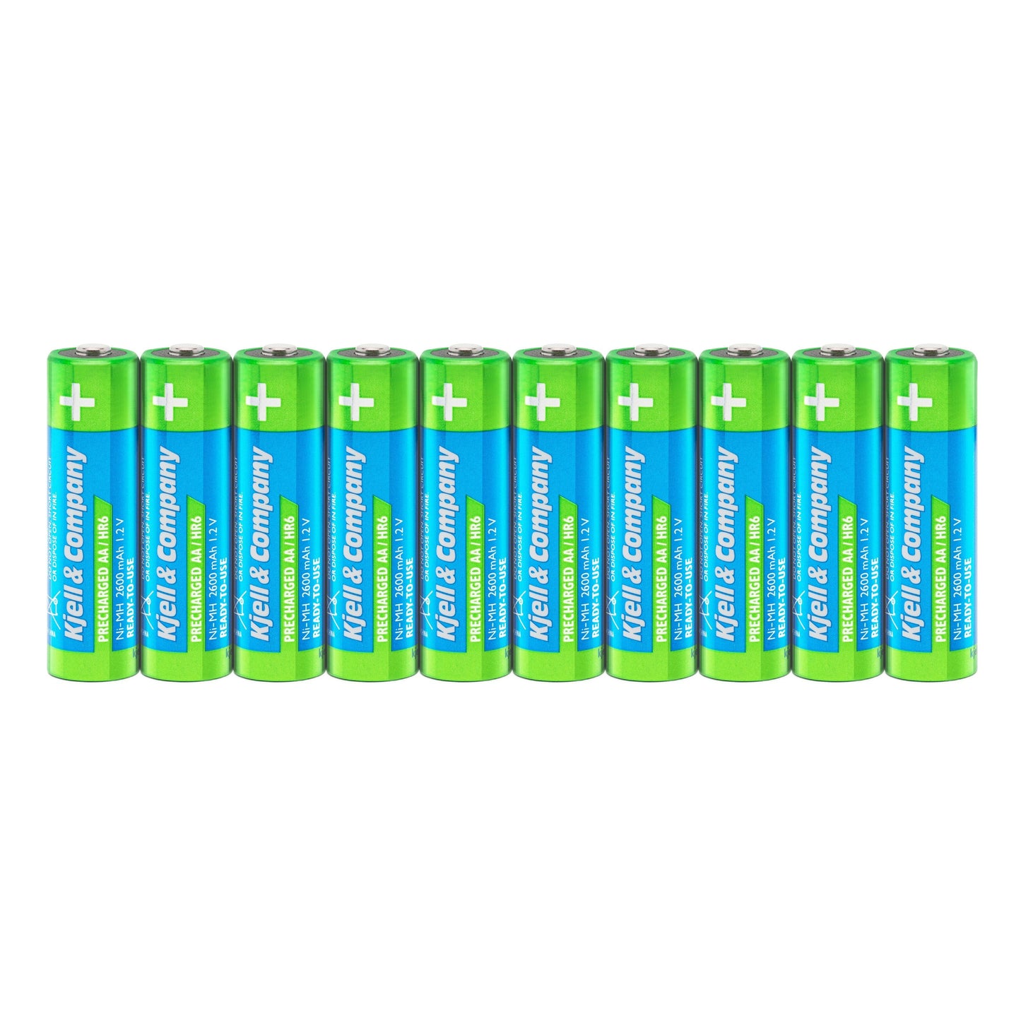 Genopladelige AA-batterier HR6 2600 mAh 10 stk grøn/blå, hvidt plus på toppen markerer positiv terminal.