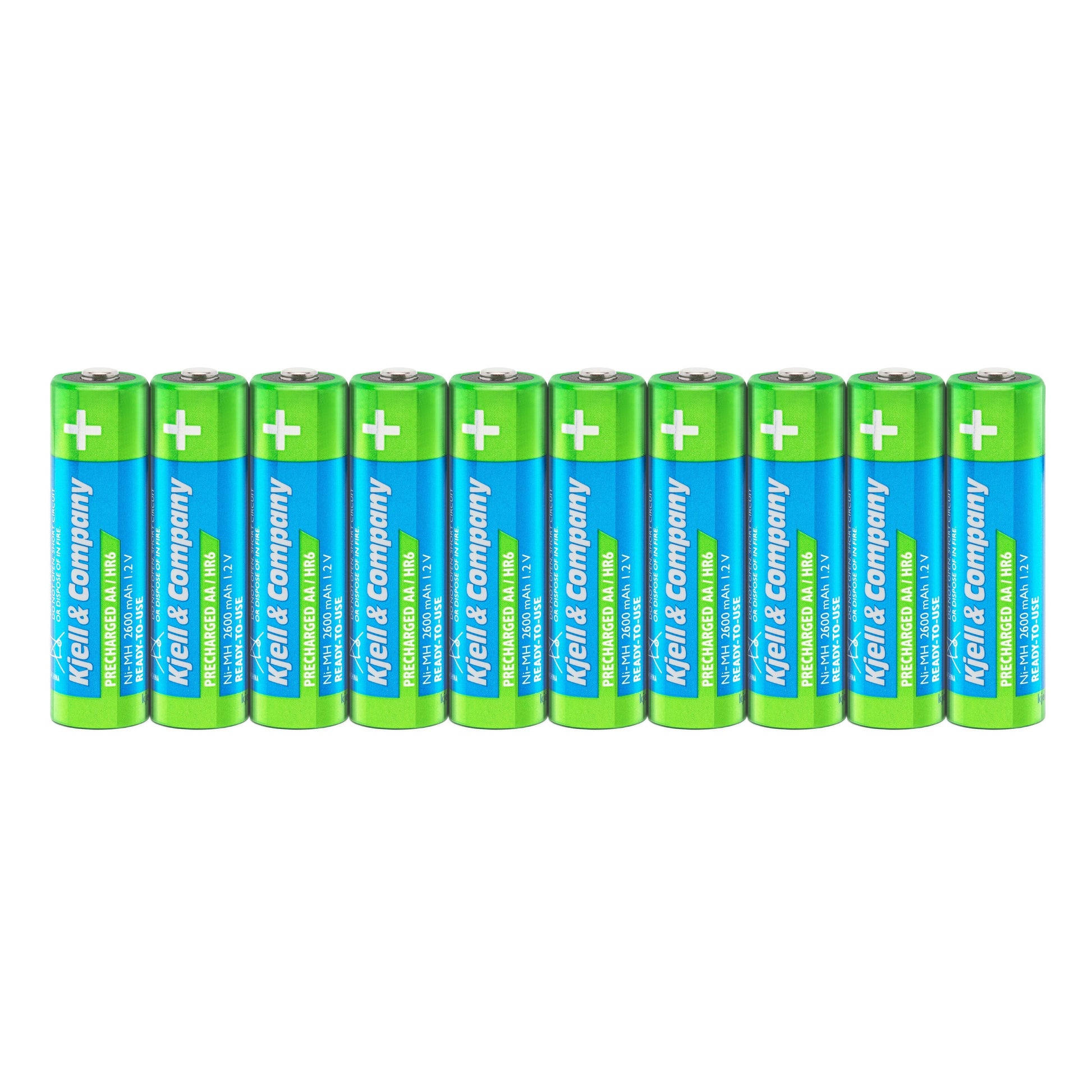 Genopladelige AA-batterier HR6 2600 mAh 10 stk grøn/blå, hvidt plus på toppen markerer positiv terminal.