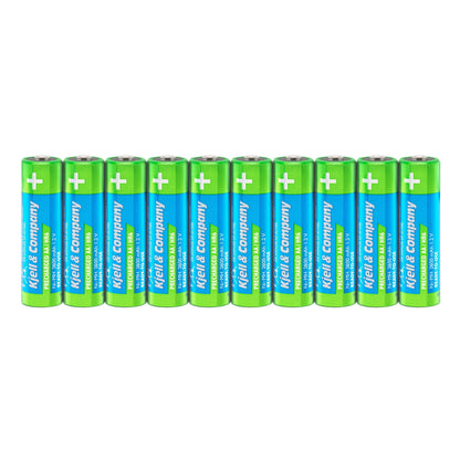Genopladelige AA-batterier HR6 2600 mAh 10 stk grøn/blå, hvidt plus på toppen markerer positiv terminal.