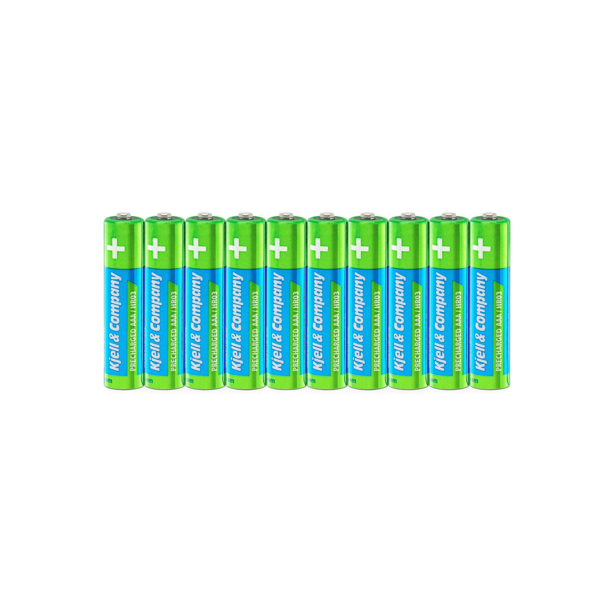 10 stk. grønne Kjell genopladelige AAA-batterier HR03 950 mAh med blåt og hvidt Kjell-logo, står oprejst.