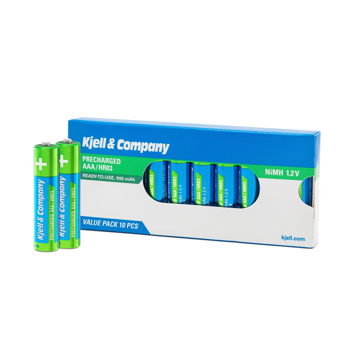Genopladelige AAA-batterier HR03 950 mAh 10 stk, grønne NiMH, to foran æske, otte synlige i emballagen.