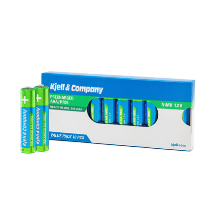 Genopladelige AAA-batterier HR03 950 mAh 10 stk, grønne NiMH, to foran æske, otte synlige i emballagen.