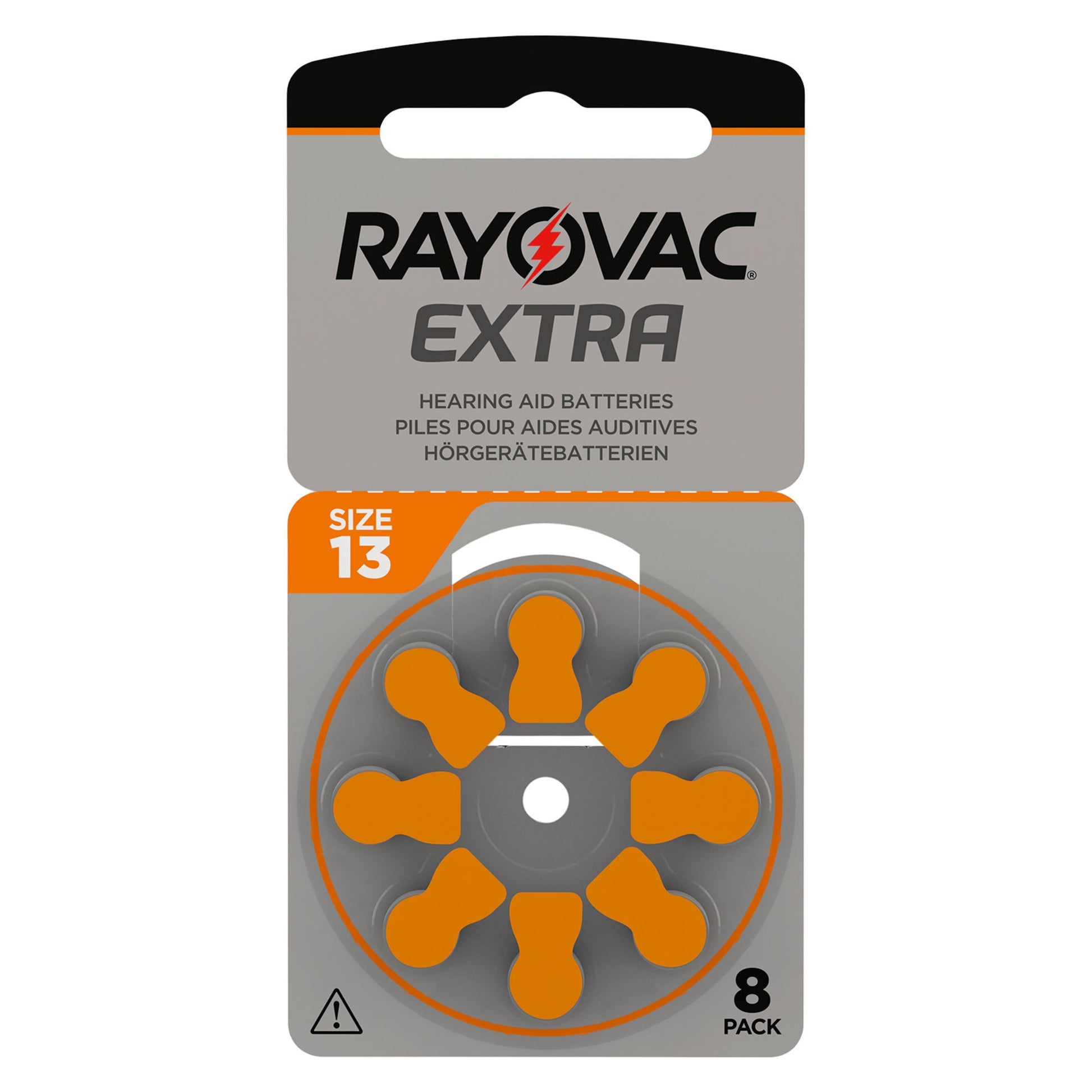 Rayovac høreapparatbatterier ZA13 orange 8-pak, str. 13 i cirkulær holder, engelsk/fransk/tysk emballage.
