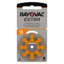 Rayovac høreapparatbatterier ZA13 orange 8-pak, str. 13 i cirkulær holder, engelsk/fransk/tysk emballage.