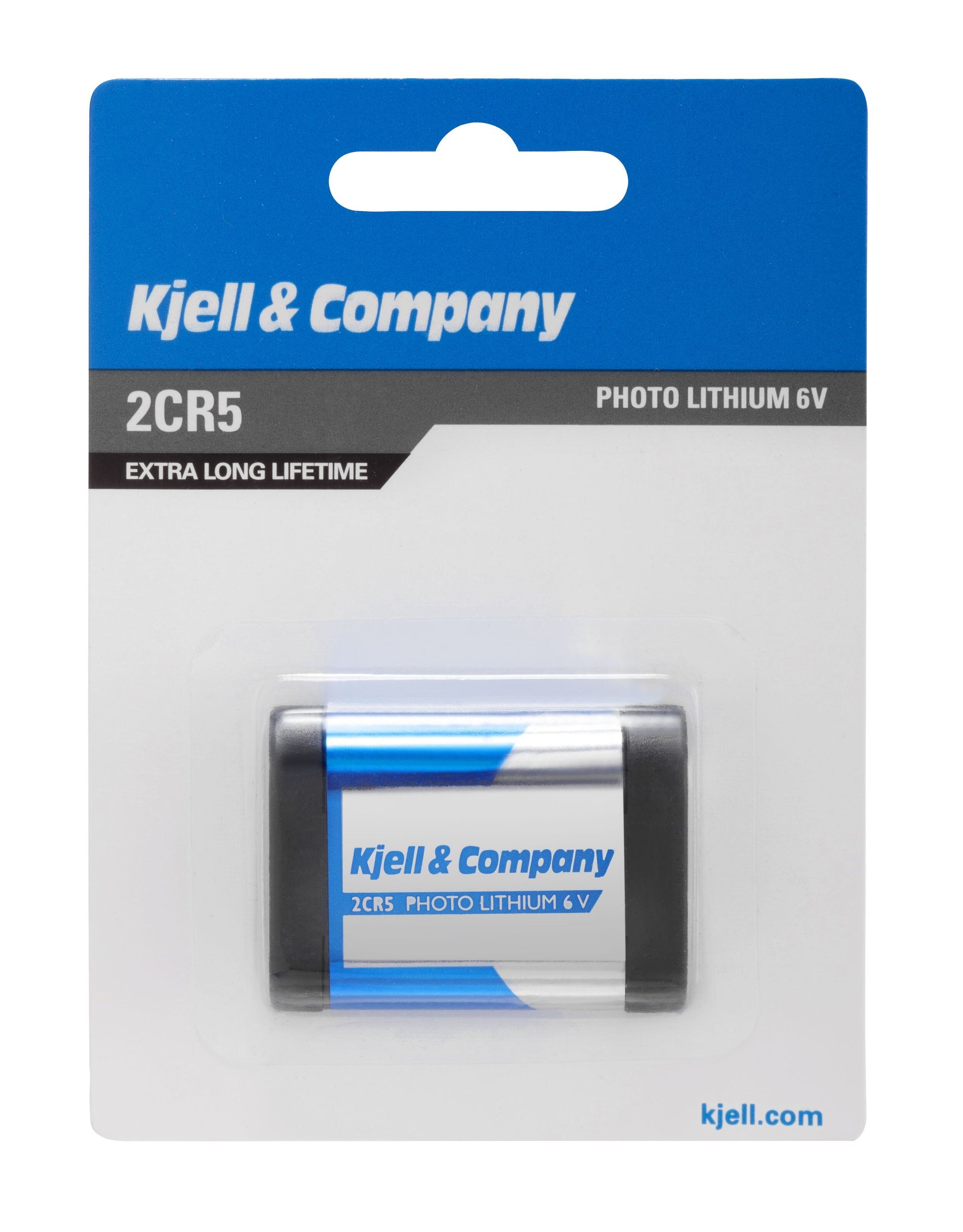 2CR5 fotobatteri i klar plastemballage med blå og hvid branding, mærket ekstra lang levetid.