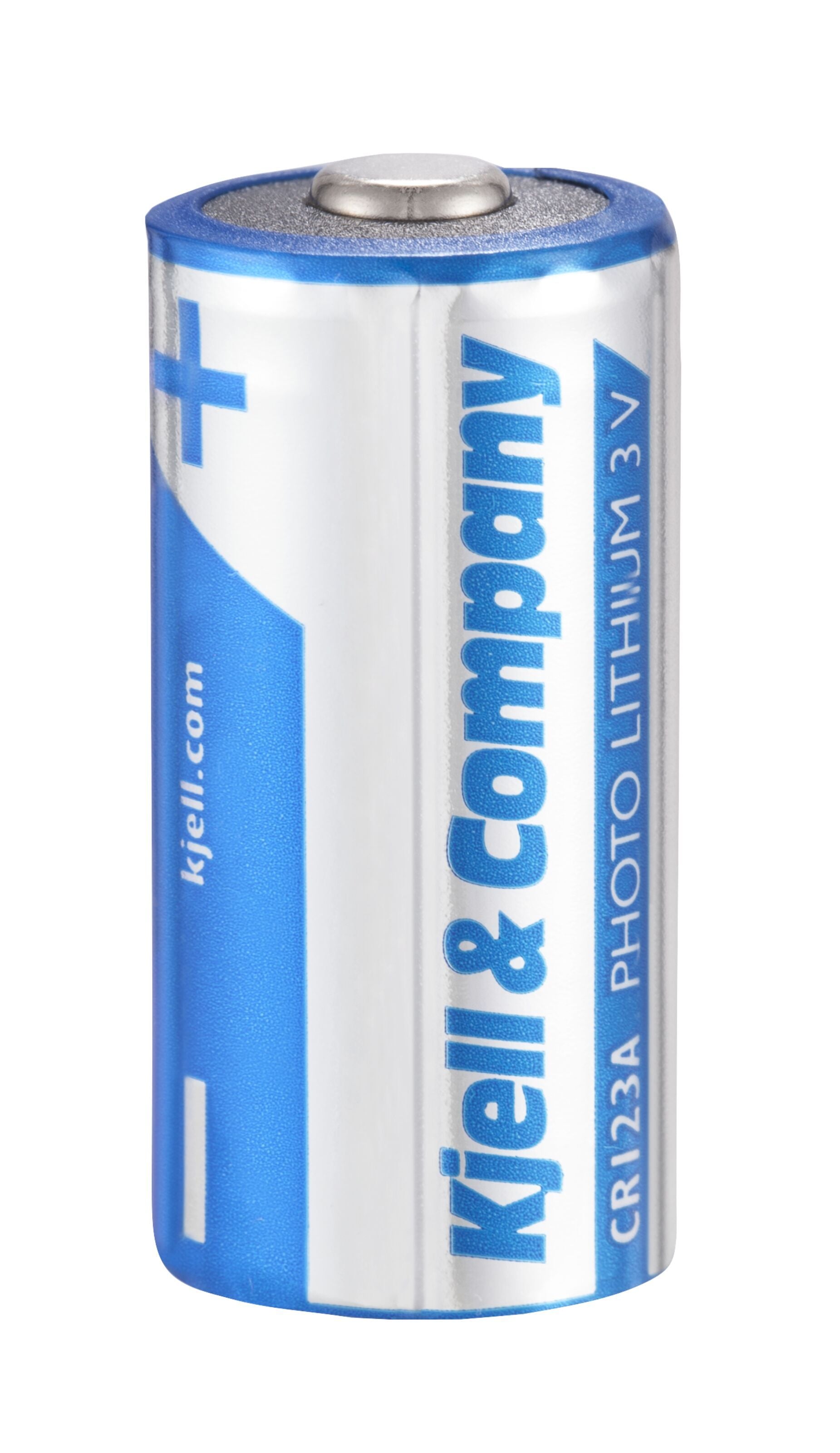 Blåt og sølv cylindrisk litiumbatteri CR123A 3V 1400 mAh.