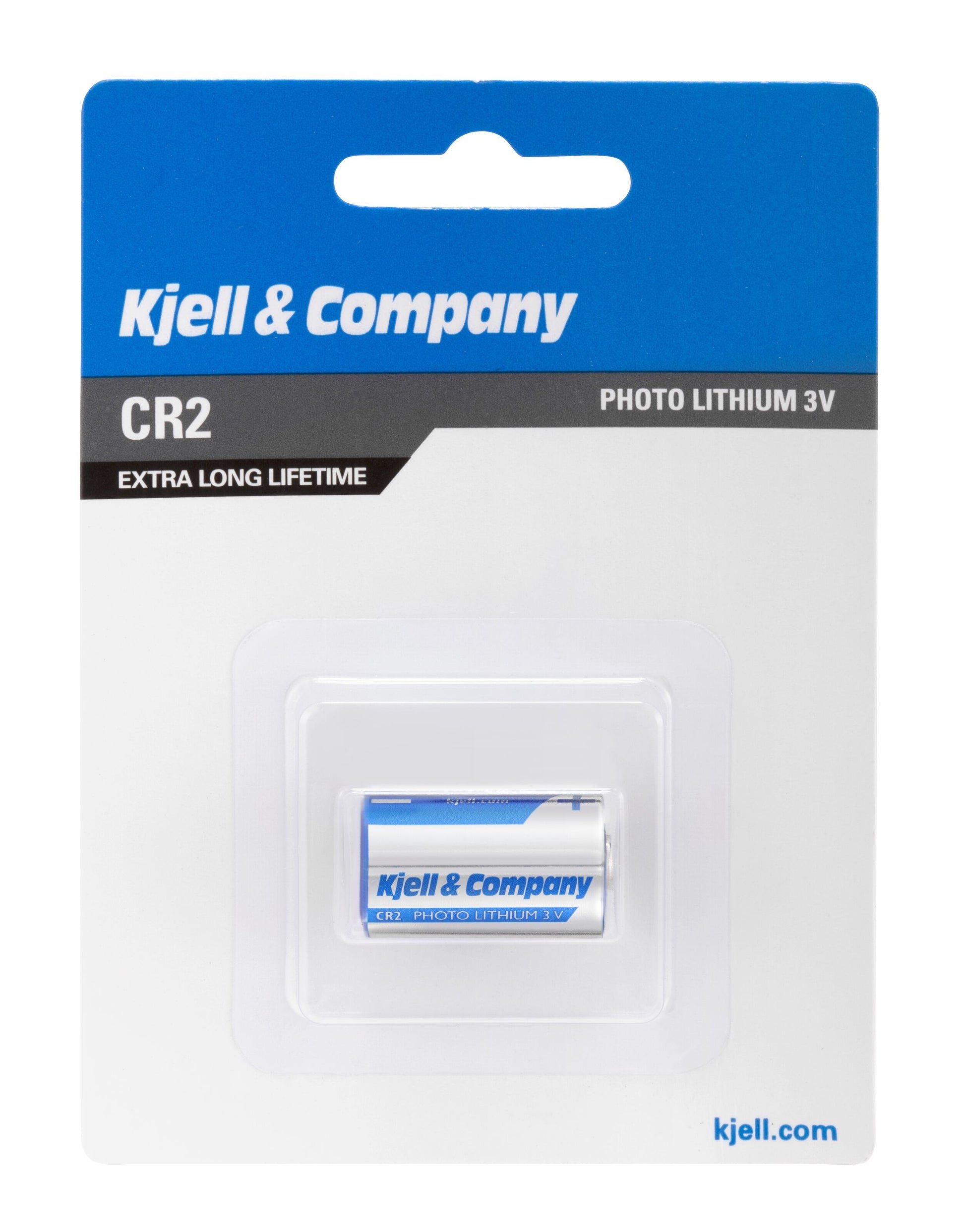 CR2 lithium fotobatteri 1 stk i plastemballage, hvid/blå kort, label: "ekstra lang levetid.