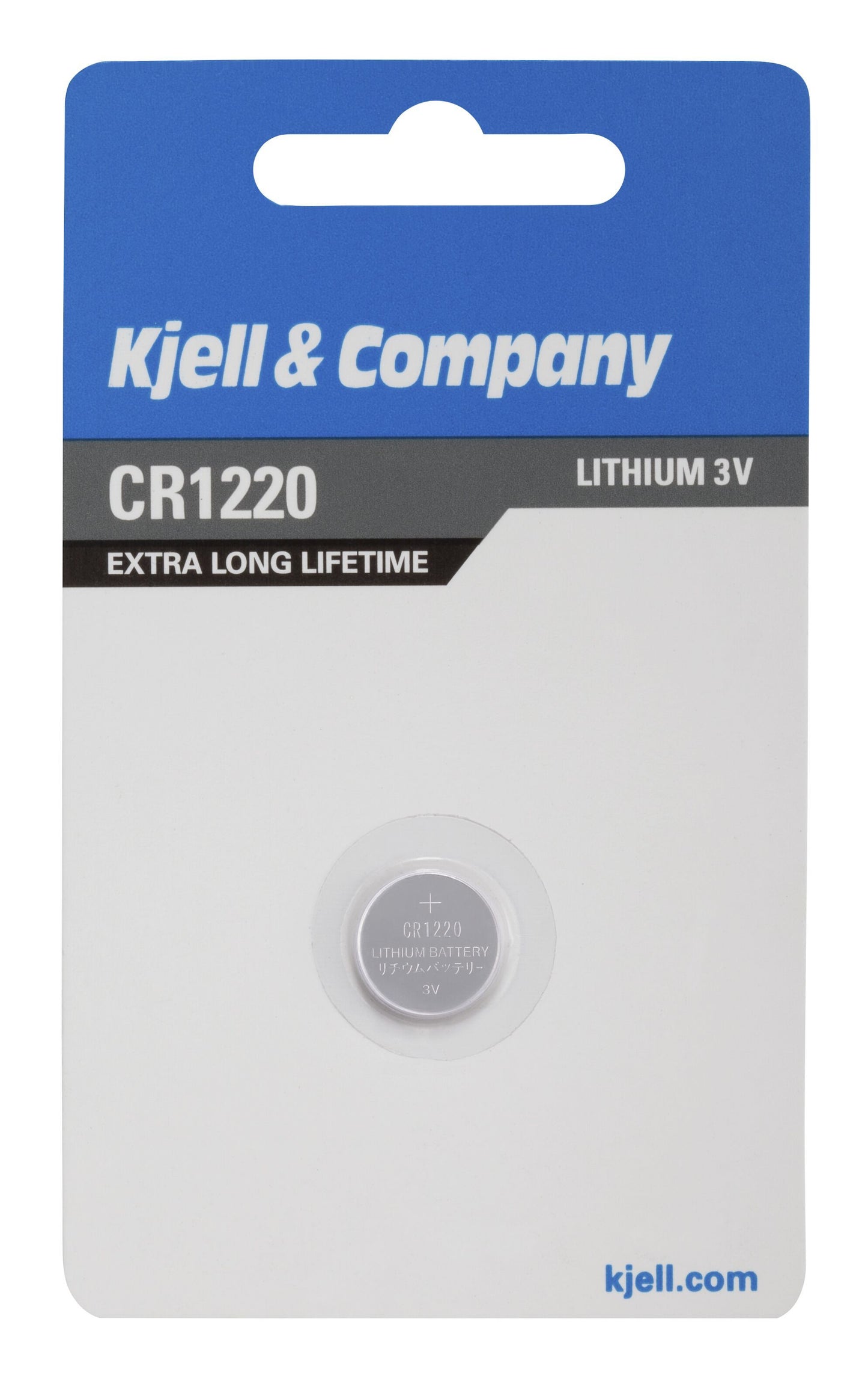CR1220 3V litium knapcellebatteri i forseglet blå, grå og hvid emballage med kjell.com nederst.