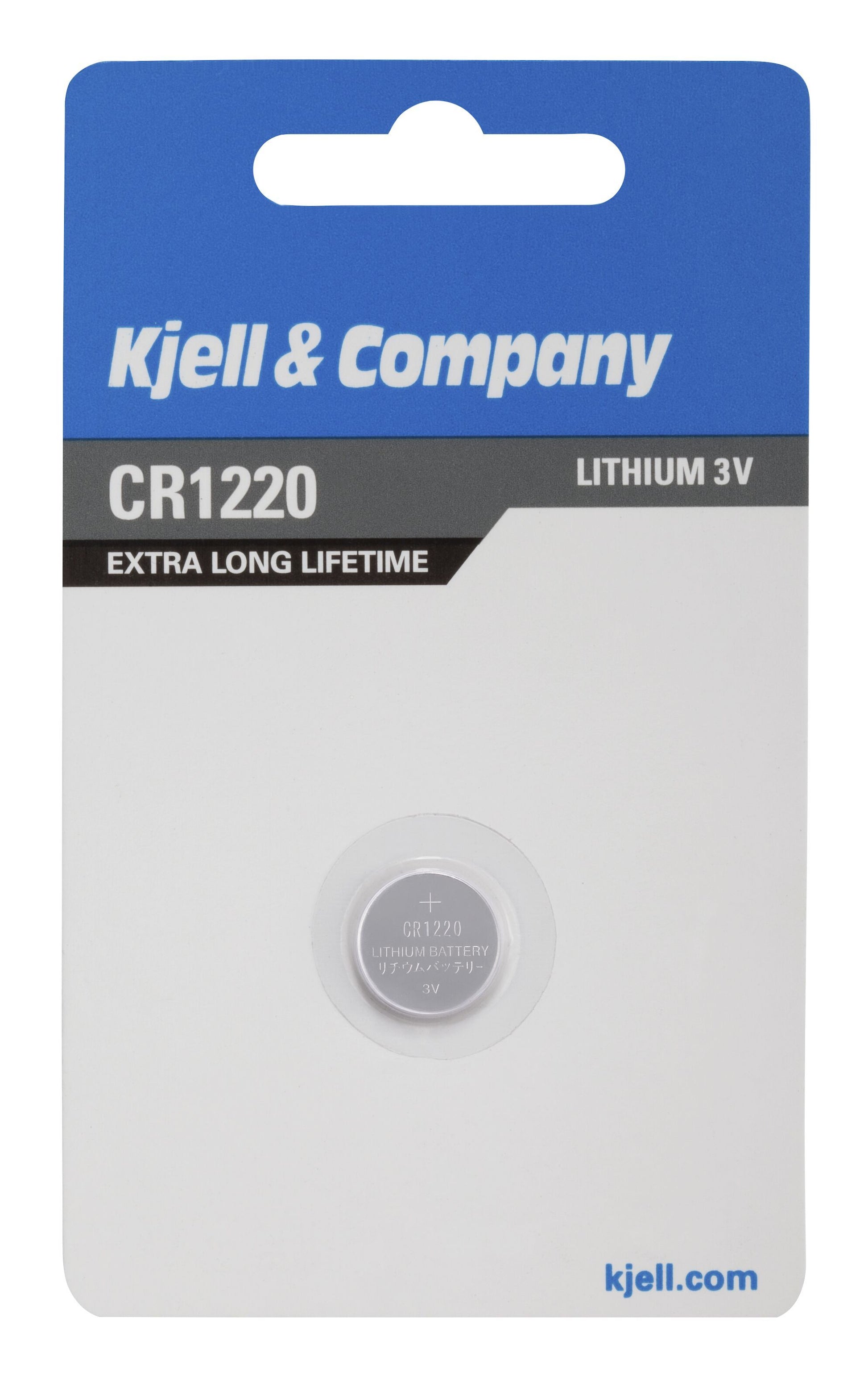 CR1220 3V litium knapcellebatteri i forseglet blå, grå og hvid emballage med kjell.com nederst.