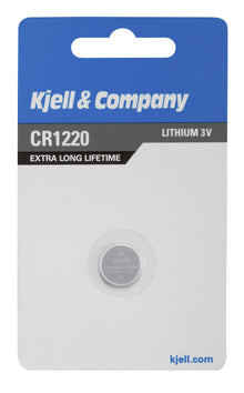 CR1220 3V litium knapcellebatteri i forseglet blå, grå og hvid emballage med kjell.com nederst.