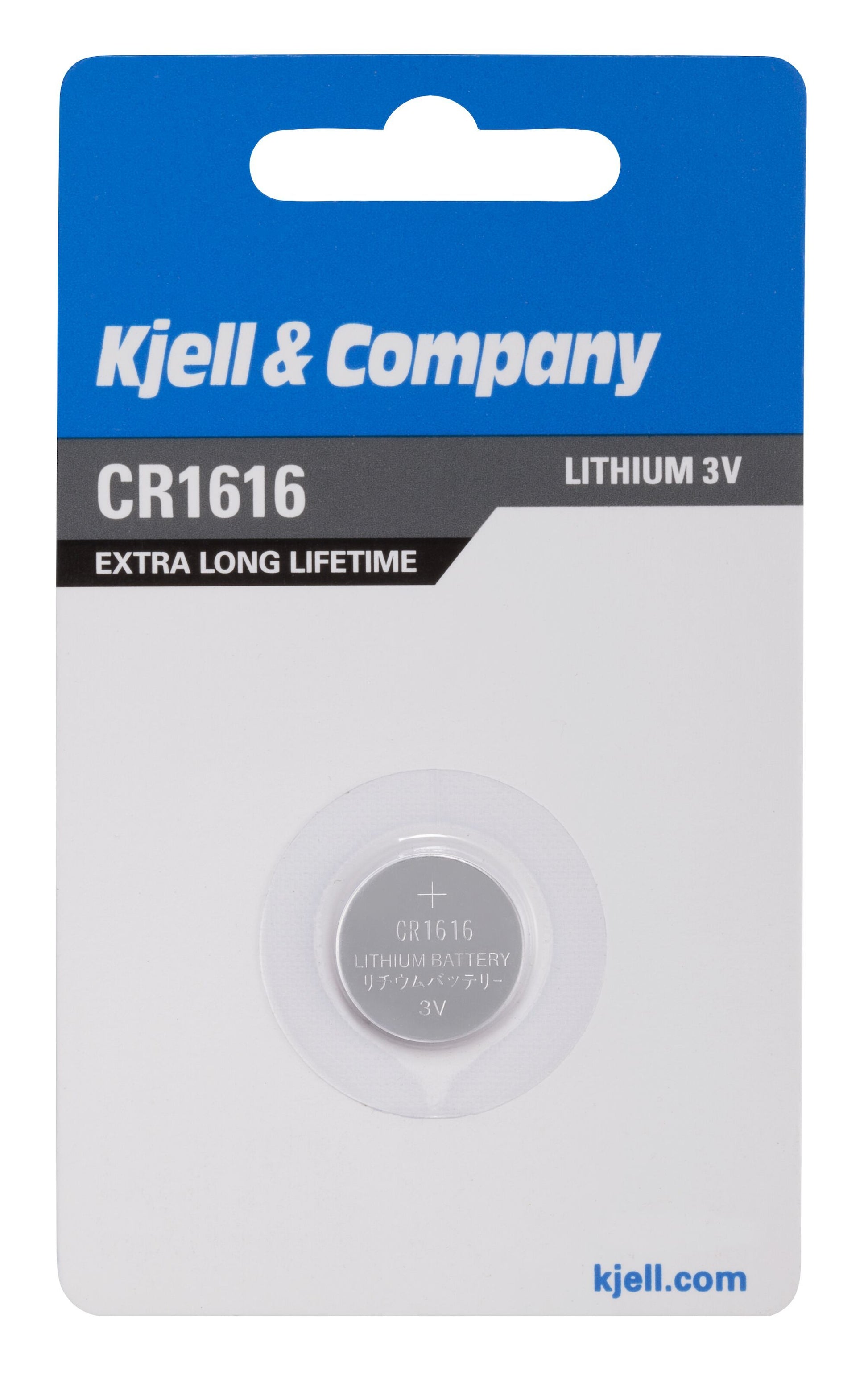 CR1616 litium knapcellebatteri i klar plastikæske med teksten "extra long lifetime" på forsiden.