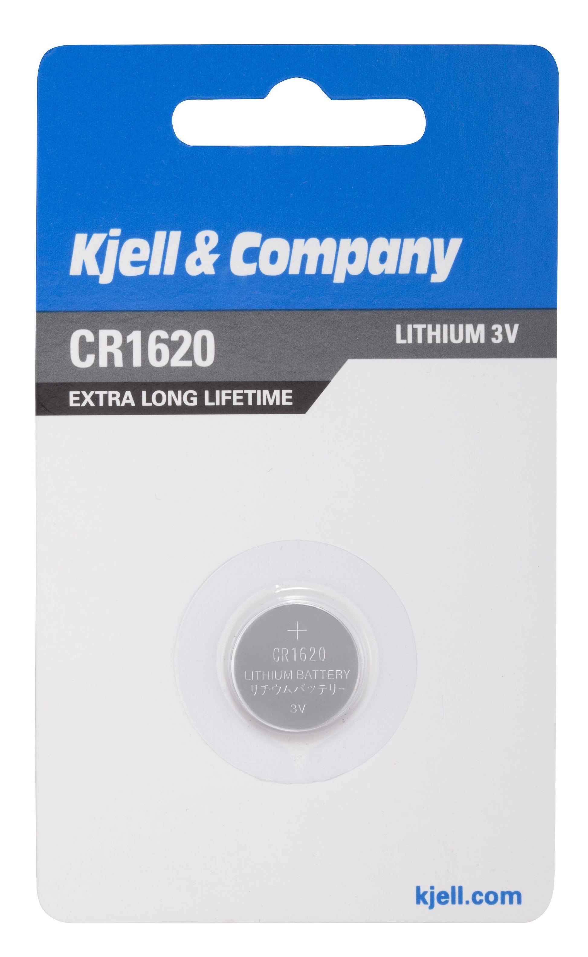 Kjell Litiumbatteri CR1620 i emballage med tekst "extra long lifetime", synlig gennem plastvindue på blå/hvid kort.