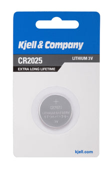 Litiumbatteri CR2025, 1 stk, blå og hvid emballage med "extra long lifetime" mærkning, synligt gennem plastvindue.