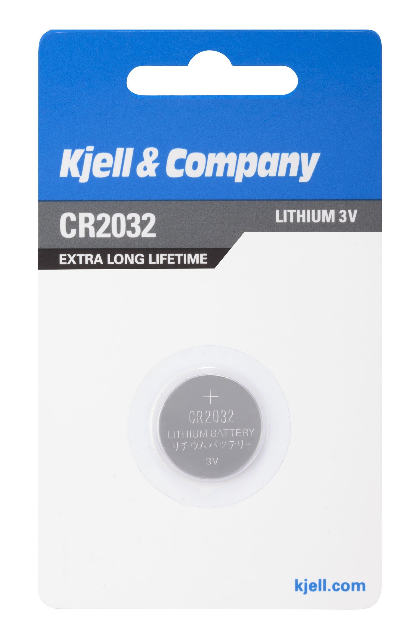 CR2032 litiumbatteri 1 stk i original emballage med synligt batteri gennem rundt vindue og teksten EXTRA LONG LIFETIME.