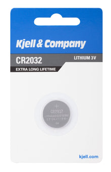 CR2032 litiumbatteri 1 stk i original emballage med synligt batteri gennem rundt vindue og teksten EXTRA LONG LIFETIME.
