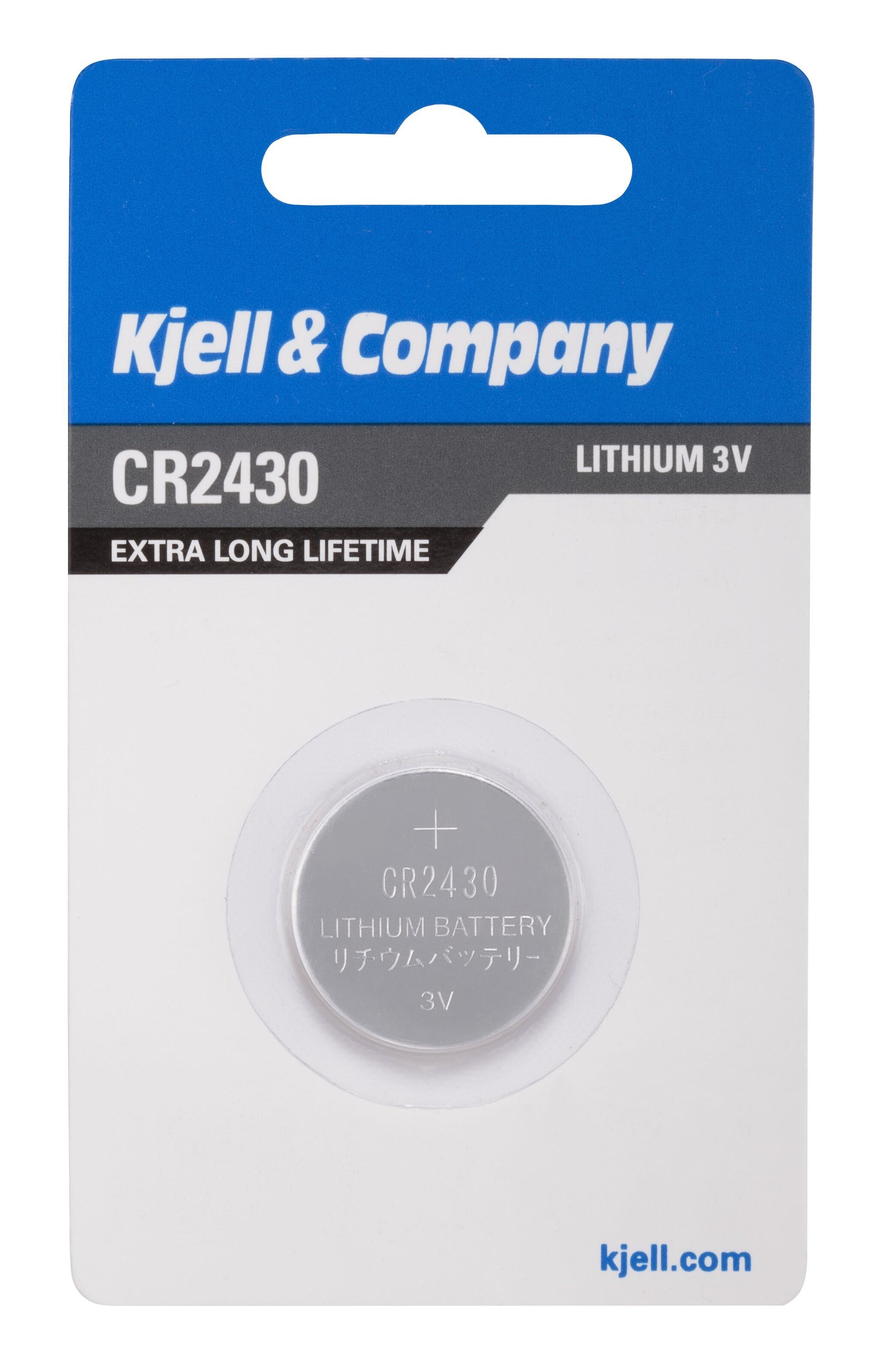 Kjell litiumbatteri CR2430 3V 1 stk i emballage med produktinfo, brandnavn og teksten "EXTRA LONG LIFETIME.