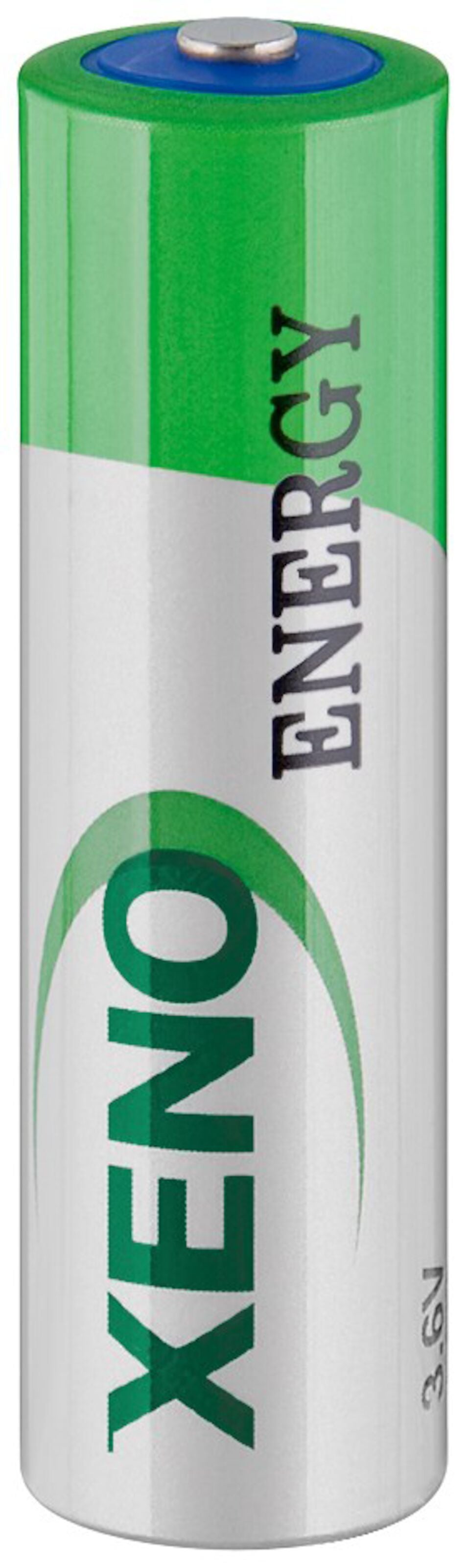 XENO ENERGY 3,6V lithium thionylklorid AA batteri, grøn/hvid, kapacitet 2400 mAh angivet nederst.