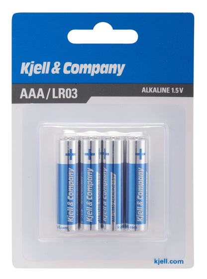 Kjell  Co AAA-batterier LR03 1,5V i blå og hvid blisterpakning med produktinformation på forsiden.
