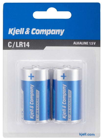 C-batterier LR14 2 stk alkaline engangsbatterier i blå og sølv blisterpakning.