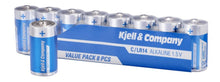 8 stk C-batterier LR14, syv delvist i blå/hvid emballage med "VALUE PACK 8 PCS" tryk.